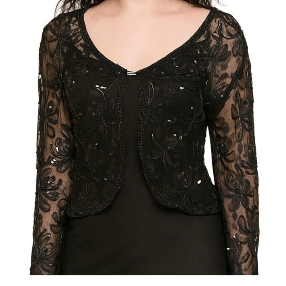 Vintage Beaded Bolero Jacket Black Mesh Floral Size M Whimsygoth Y2K Fairy